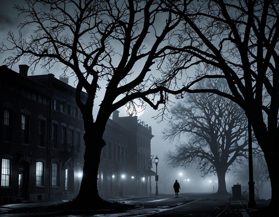 A shadowy urban landscape at dusk, with fog creeping around old, crumbling buildings. Ghostly figures are faintly visible, intertwined with eerie streetlights casting long shadows. A gnarled tree stands in the foreground, hinting at dark secrets, while whispers of urban legends swirl in the air. Above, a crescent moon casts a sinister glow, adding to the unsettling atmosphere. moody and mysterious, dark tones, hyper-realistic.