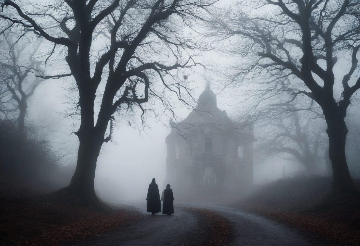 A haunting urban landscape shrouded in fog, featuring dark silhouettes of twisted trees and crumbling buildings. Ethereal and ghostly figures whispering secrets in the shadows, with an ominous moon casting eerie light. Include elements like old photographs of legendary figures and distorted pathways leading to a mysterious, ancient well. gothic style. dark color palette. painterly texture.