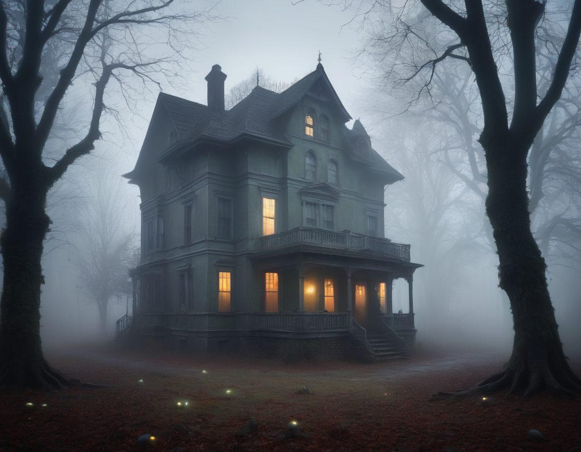A misty forest at twilight, shrouded in fog, where ghostly figures appear among the trees whispering ancient tales. Eerie shadows and glowing orbs float above, hinting at mysterious legends. A haunted old house looms in the background with cracked windows and twisting vines. Subtle elements like faded photographs and spectral faces are subtly integrated into the scene. surreal. dark colors. ethereal atmosphere.
